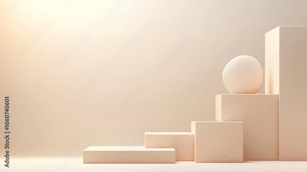 Poster minimalistic composition of geometric shapes in soft light, featuring a sphere on steps, ideal for a