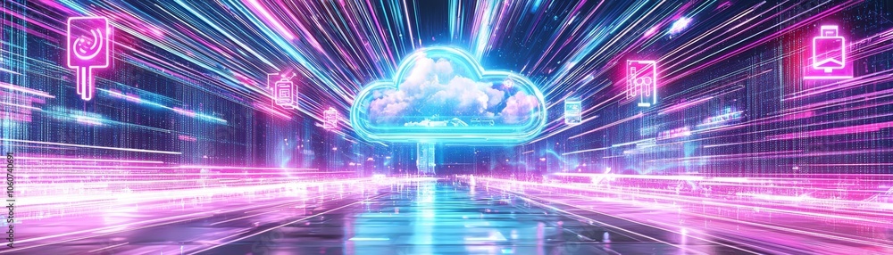 Aufkleber explore the futuristic glow of a synthwave-inspired cloud image with dynamic neon effects and vibran