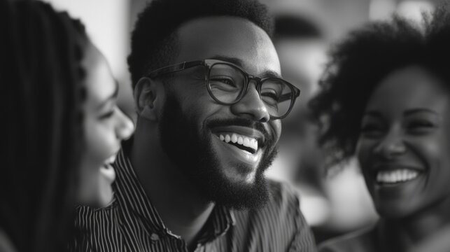 A cheerful scene of friends sharing a laugh together.