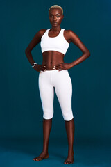 Black woman, confidence and studio for fitness, portrait and ready for cardio sports on dark background. Female person, athlete and start for exercise, performance training and pride of workout