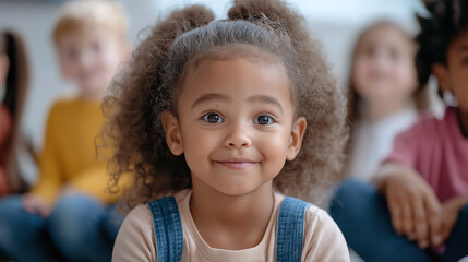 joyful girl with curly hair smiles at camera, surrounded by diverse children. Her expression radiates happiness and innocence, capturing moment of childhood joy
