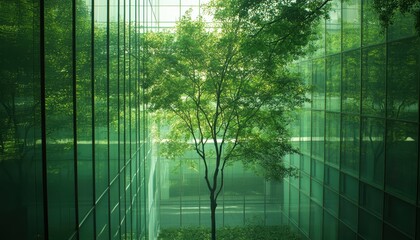 Eco-friendly glass office building featuring a tree in modern urban environment