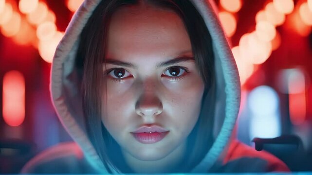 Focused Woman in Hoodie Working on Laptop Amidst Urban Night Lights, Embracing Technology with Blue and Red Light for Enhanced Concentration