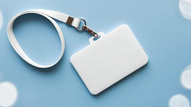 White lanyard and plastic badge with blank space mock up on blue background. Blank badge mockup