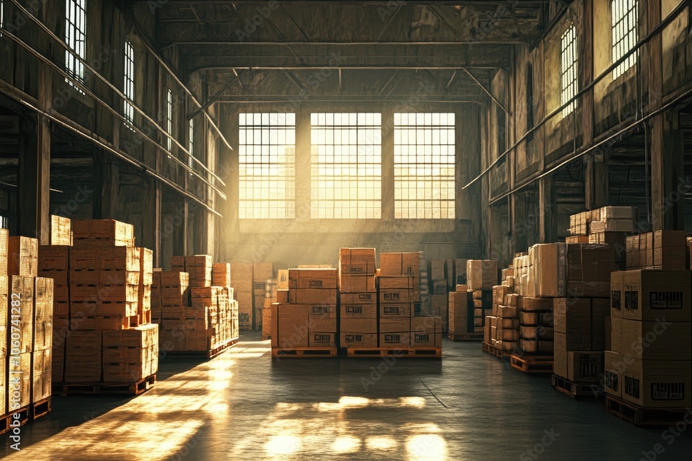 Poster sunbeams illuminate a warehouse stacked high with boxes. this image is perfect for illustrating conc