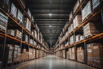 A large warehouse with rows of shelves, filled with boxes. This image can be used for business, logistics, and storage concepts.