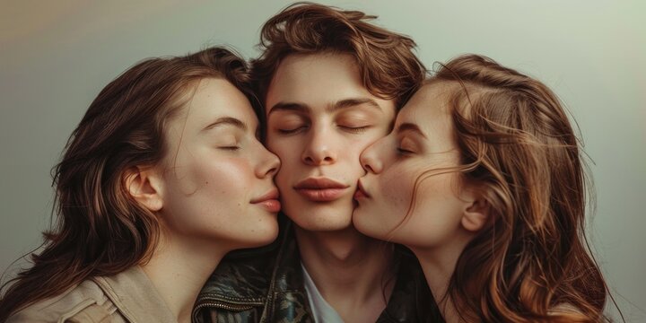 Three people in close proximity sharing affectionate and friendly gestures, signifying a strong bond between them.