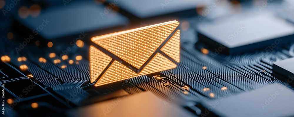 Poster glowing email icon on circuit board background, symbolizing digital communication and encryption. vi