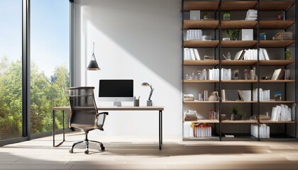 A modern office interior featuring a desk with a computer, bookshelves filled with books, and a large window. Bright and clean look. Concept of workspace. 3D Rendering