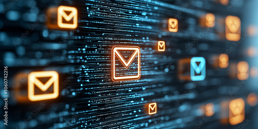Poster digital communication technology with glowing email icons and encryption