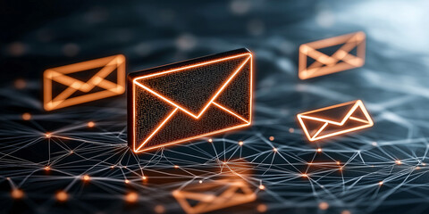 Glowing email icons representing digital communication and encryption technology. image showcases network of interconnected lines, symbolizing connectivity and modern technology