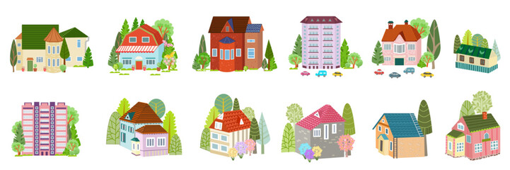 collection of town houses. isolated set of city buildings surrounded by trees.  vector illustration of cartoon cottage house with blooming plants