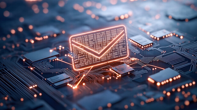 Digital email symbol on circuit board, representing secure communication and technology