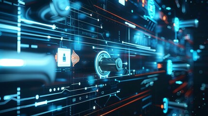 Fototapeta premium Futuristic toggle switch activating a digital security system with fingerprint scanner, biometric authentication, and data encryption, representing advanced cybersecurity technology