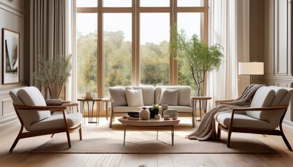 Classical living room interior with chairs and couch near panoramic window