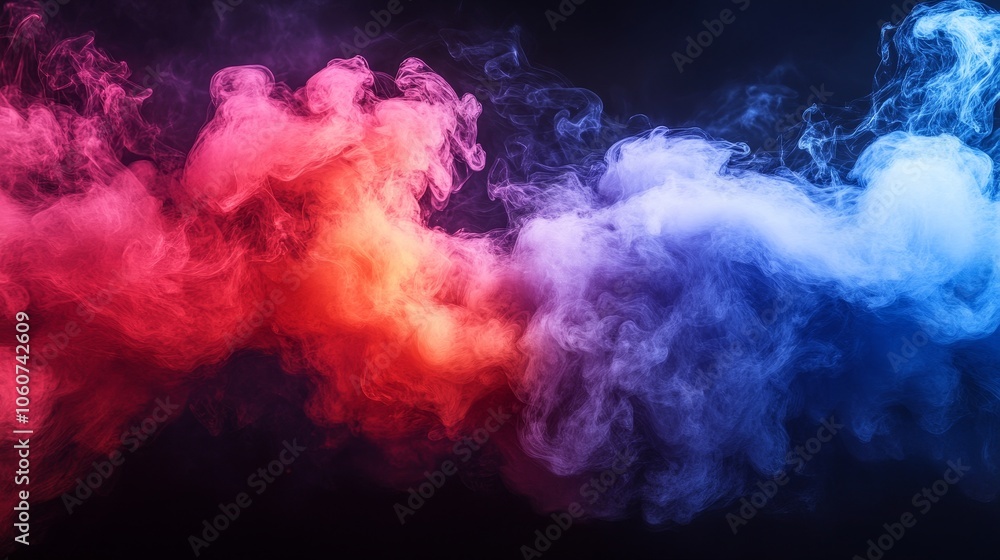 Poster colorful smoke swirls blend red and blue, creating an abstract and dynamic visual effect.