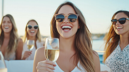 group of women enjoying sunny day on boat, laughing and drinking champagne. Their joyful expressions and stylish sunglasses create vibrant atmosphere