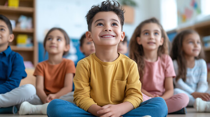 Obraz premium Happy children sitting on floor in classroom, engaged and smiling. Their expressions reflect joy and curiosity, creating warm and inviting atmosphere