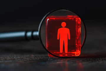 Magnifying glass inspecting red cube with human icon symbolizing focus