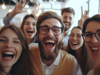 Joyful group laughing and smiling at workplace event.