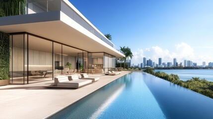 Fototapeta premium Modern home with infinity pool overlooking city. Perfect for real estate, luxury, or vacation concepts.