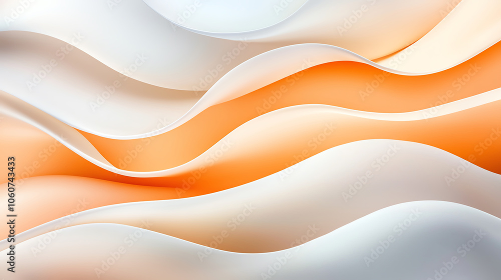 Poster this abstract image features flowing waves in soft orange and white tones, creating a sense of movem