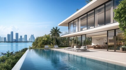 Fototapeta premium Modern house with infinity pool and city view. This photo is great for real estate, lifestyle, and luxury brands.