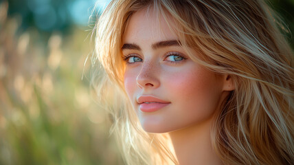 Naklejka premium Close-up of young woman with blue eyes, freckles, and long blonde hair in natural light