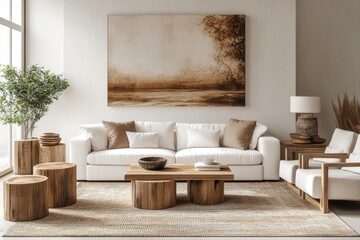 Modern Minimalist Living Room with Wooden Furniture and Neutral Colors