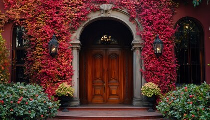 Elegant brown automatic wooden entry door surrounded by vibrant red foliage