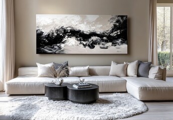 Abstract Black and White Landscape Painting for Modern Living Room Decor