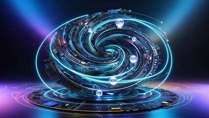 A futuristic digital vortex with glowing lights and floating spheres representing data and technology in a dark background