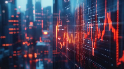 Obraz premium City skyline with a large screen displaying a graph of stock prices. The graph is red and orange, indicating a significant drop in the stock market. Scene is tense and uncertain, as investors