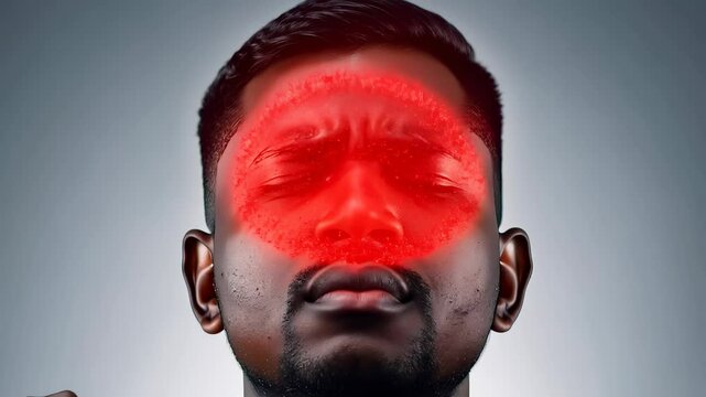 showing facial pain with a red area of discomfort, representing sinus or migraine headache symptoms