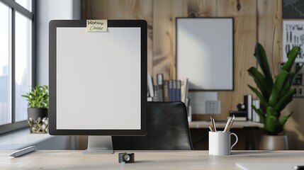 Minimalist office scene featuring blank page with tape attached reminder note for organization