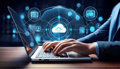 Man typing on laptop, cloud service hologram and devices sync