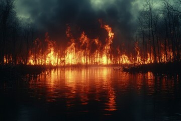 A fiery forest inferno reflected in a still lake