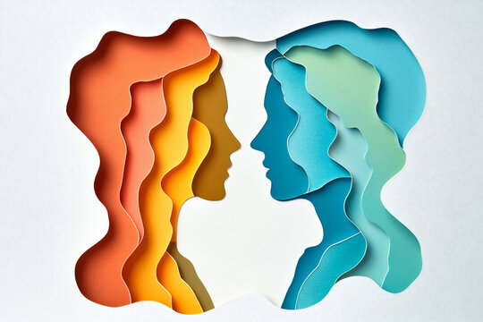 Paper cut illustration of bipolar disorder with two human head silhouettes on white background. Cut out mental health composition with happy and sad man. Psychological abstract horizontal poste