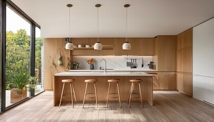Minimalist kitchen interior with wooden cabinets and stools. 3D Rendering