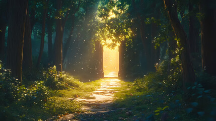 The glowing path through the verdant woods. Celtic Forest Shrine. Illustration