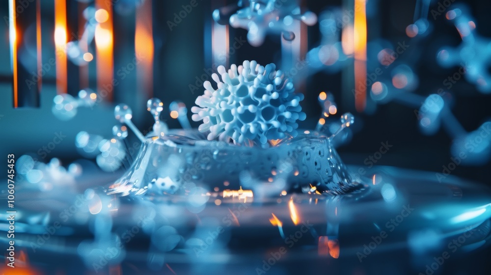 Poster abstract 3d rendering of virus model splashing in liquid creating a crown splash effect with molecul