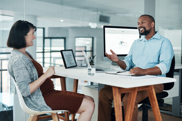 Business people, talking and pregnant woman in office for human resources, training and employee...