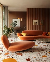Modern Living Room Interior Design with Terrazzo Floor and Orange Sofa