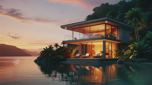 Lakeside villa at sunset, 4K seamless looping virtual video animation background