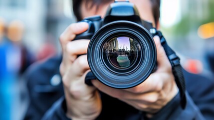 A photographer capturing a moment through the lens of a camera in an urban setting.