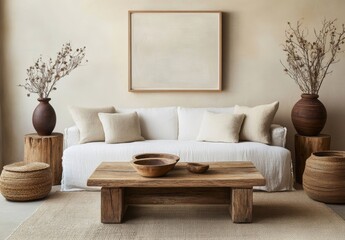 Fototapeta premium Minimalist Living Room Design with Rustic Touches
