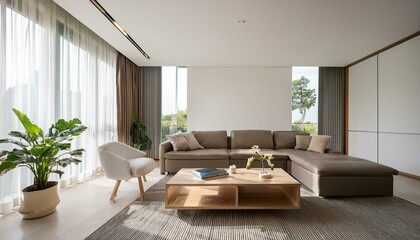 Fototapeta premium Modern living room with blank white wall and large windows. 3D Rendering