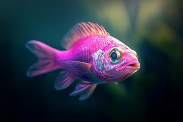 Fototapeta premium Vibrant pink fish swimming gracefully in a dark underwater environment showcasing colorful scales and delicate fins