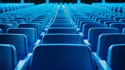 Obraz premium Blue-colored tribunes, showcasing empty seats in a sports stadium. This image highlights the concept of fans, audience seating, and cultural environment through color and symmetry.