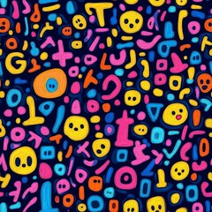 Fototapeta premium Colorful abstract pattern with playful geometric shapes and doodles on a dark background creating a lively visual effect